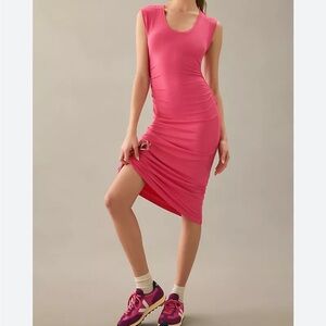 Daily Practice Anthropologie Pink Ribbed Short Sleeve Midi Dress Ruched Side